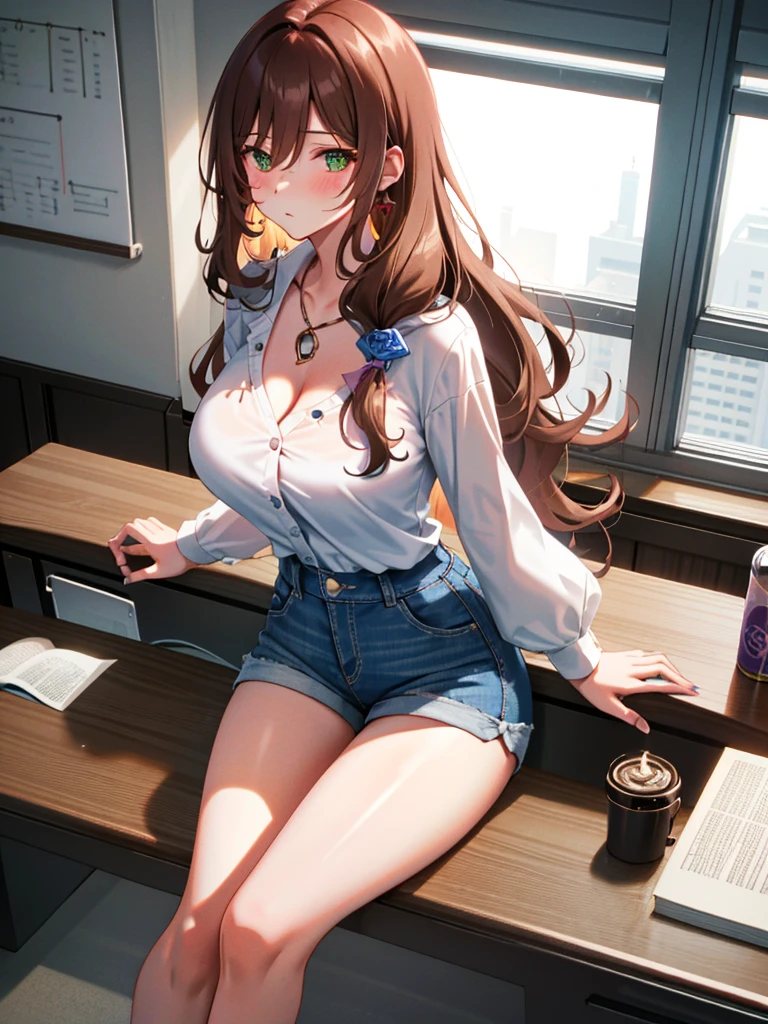 Lisa, genshin impact, ((blush:1.2)), 1 girl, alone, ((white shirt)), barefoot, huge breasts, cleavage, uniform, office background, denim shorts, office, hair between eyes, messy hair, large chest, long hair, looking at the viewer, brown hair, red short nails, green eyes, alone, ((long slender legs)), very long hair, ((masterpiece)), classroom, machine, Chair, board, class board, I can see through my clothes, Pose that emphasizes the chest, embarrassing