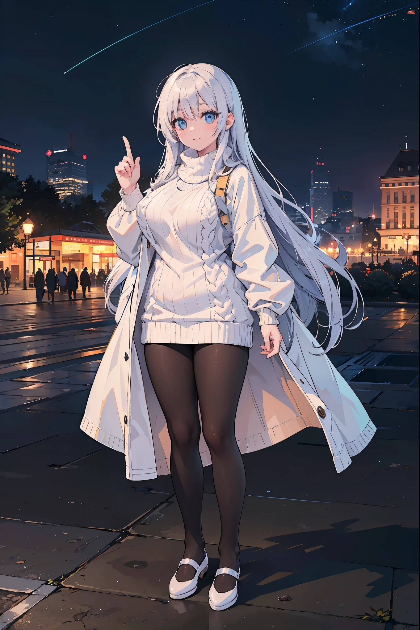 Ulchan-6500-v1.1, (RAW photo:1.2), (Photoreal), beautiful details, (genuine: 1.4), very detailed目と顔, beautiful and fine eyes, ((Beautiful illumination plaza at night:1.5)), (( midwinter sweater:1.3, super realistic pantyhose:1.2))、Self snap、Instagram、game_nffsw, huge file size, High resolution, very detailed, highest quality, [masterpiece:1.6], enlightenment, very detailed, nffsw, finely, highest quality, 8k wallpaper, movie lighting,1 girl, 17 years old, perfect body shape, cute droopy eyes beautiful big eyes、Pieck finger, ((table top)), highest quality, 1 milf, eye shadow,  ((full body shot:1.4))、(very affectionate smile:1.2)、realistic skin texture、shiny skin、exposed thighs!!!