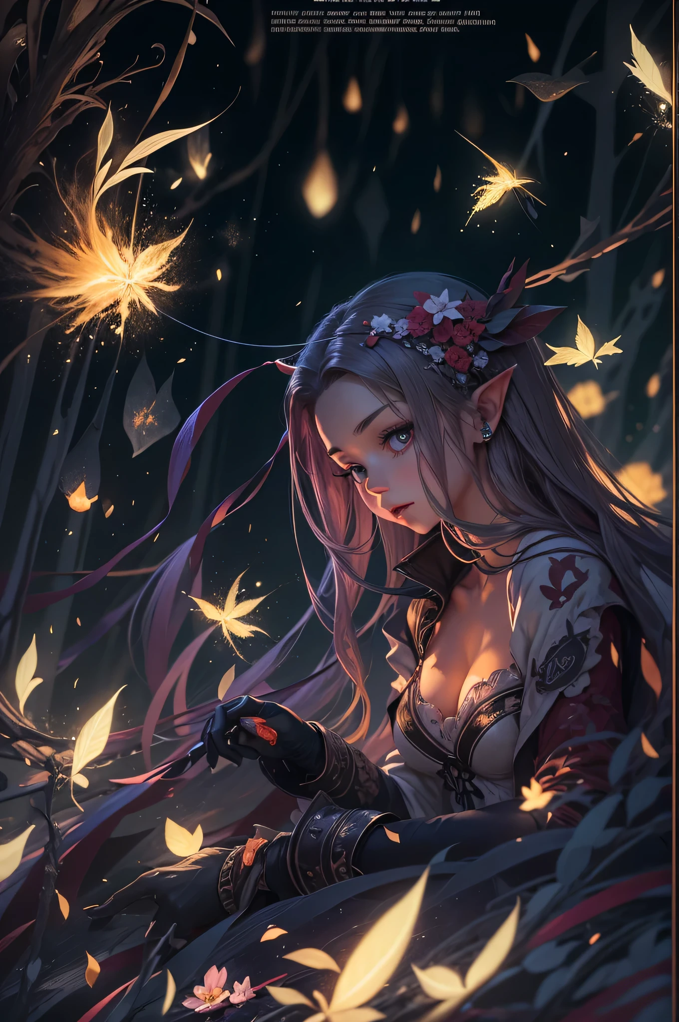 （（shot from a far distance）），（Shadow elf decorated with streamers and fireflies），（（Bonfires and shining ores on dark nights&Wind blowing effect&floating flames）），（girl），（soft light lighting），official art，（wallpaper design）