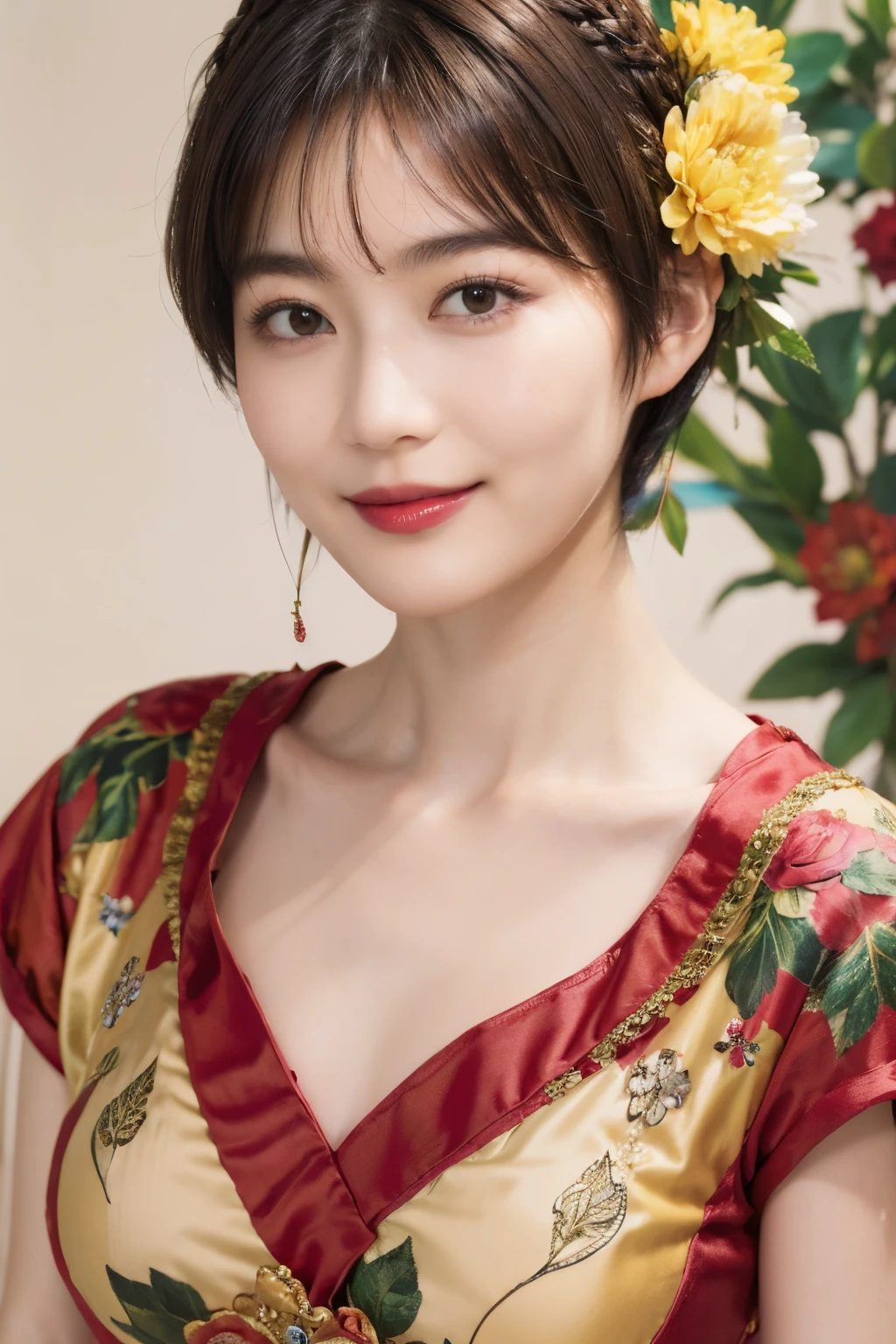 148
(20 year old woman,Floral costume), (surreal), (High resolution), ((beautiful hairstyle 46)), ((short hair:1.46)), (gentle smile), (breasted:1.1), (lipstick)
