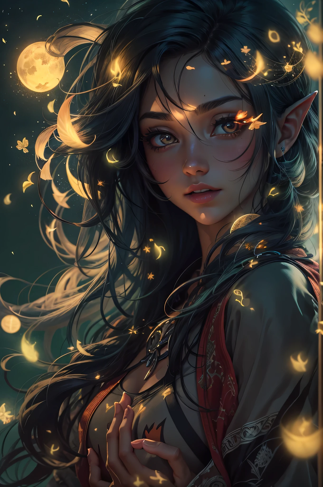 （（shot from a far distance）），（Shadow elf decorated with streamers and fireflies），（（Bonfires and shining ores on dark nights&Wind blowing effect&floating flames）），（girl），（soft light lighting），official art，（wallpaper design）