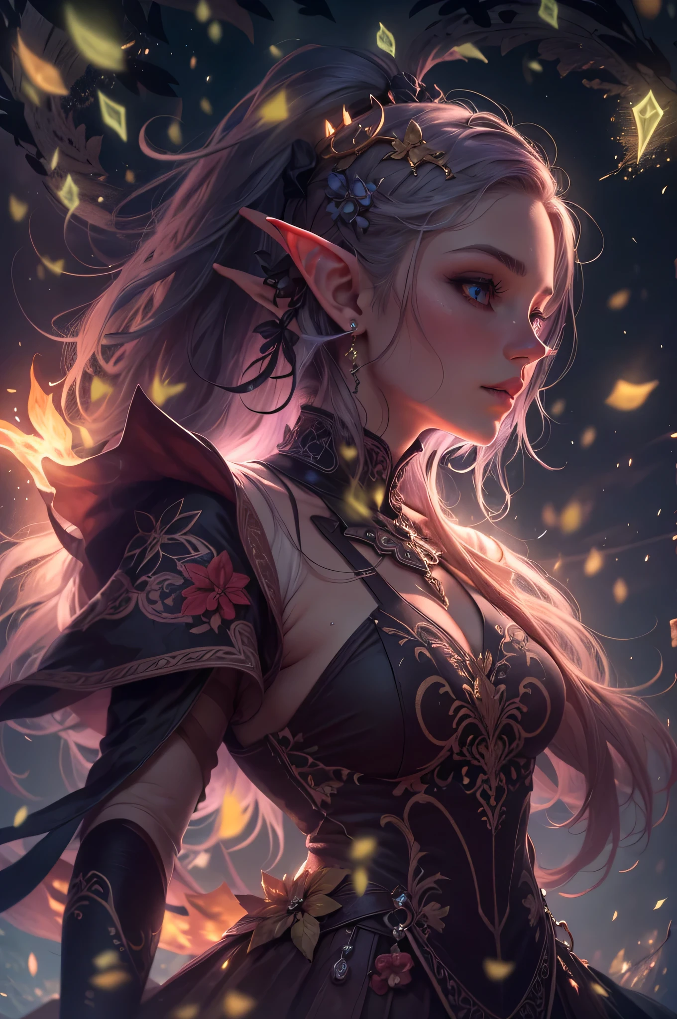 （（shot from a far distance）），（Shadow elf decorated with streamers and fireflies），（（Bonfires and shining ores on dark nights&Wind blowing effect&floating flames）），（girl），（soft light lighting），official art，（wallpaper design）