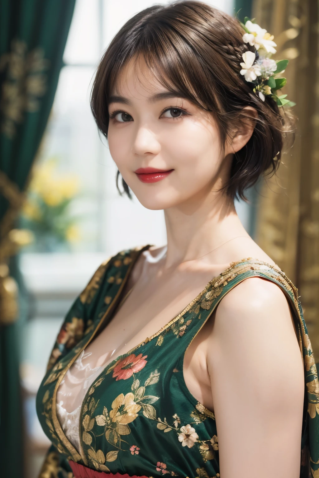 148
(20 year old woman,Floral costume), (surreal), (High resolution), ((beautiful hairstyle 46)), ((short hair:1.46)), (gentle smile), (breasted:1.1), (lipstick)
