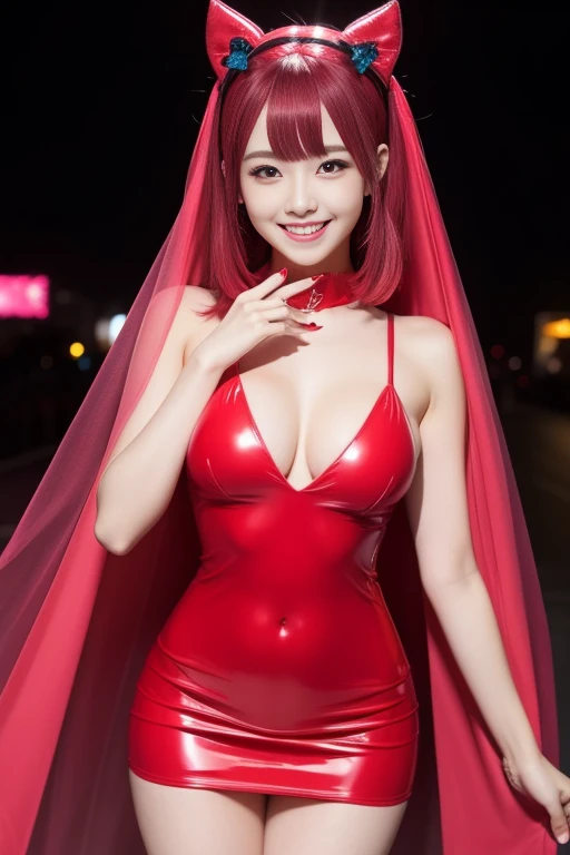 female idol、smiling face、full body Esbian、sheer latex dress(neon red)、Colorful hair、