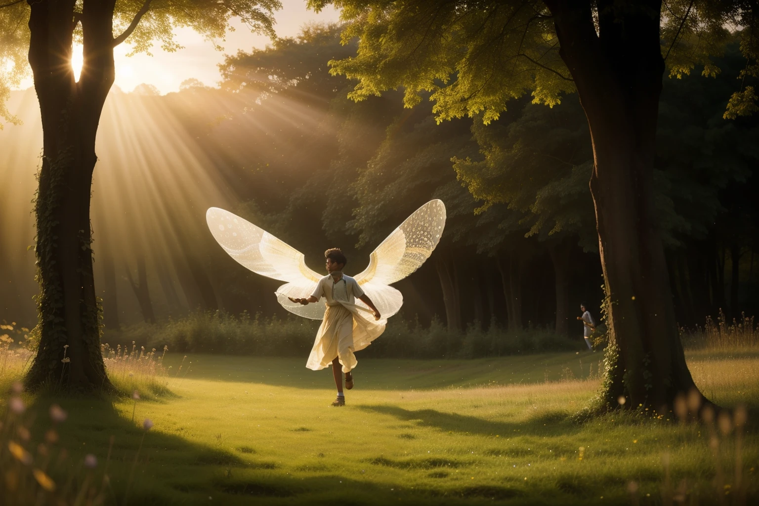 Amidst the shimmering meadows of a fantastical English countryside in the 2010s, a -year-oldian , with wings of glistening dewdrops and a halo of golden light, engages in a dynamic game of magical tag with whimsical woodland spirits, creating an atmosphere of playful enchantment.