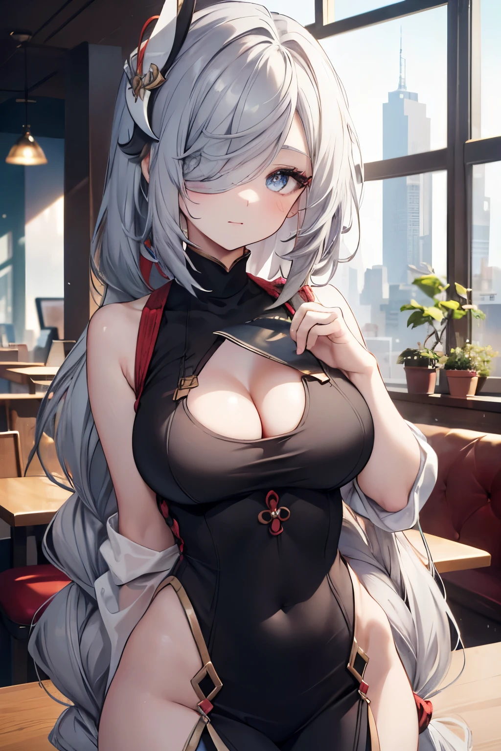 ShenheV4, (virgin killer sweater, sleeveless, cleavage cutout), (solo:1.1), (mature woman:1.2), beautiful face, (detailed eyes), symmetric eyes, glossy lips, (long hair, grey hair, braid, hair over one eye, hair ornament), beautiful round breasts, voluptuous body, slim waist, (masterpiece, best qualty), soft ambient lighting, standing, front view, cafe background, window, new york, vivid colors, sunny day, looking at the viewer, HD, 8K, vivid colors, intricate, (absurdres:1.2), (blurry_background), bokeh, (sharp focus) ((detailed face)), facial details