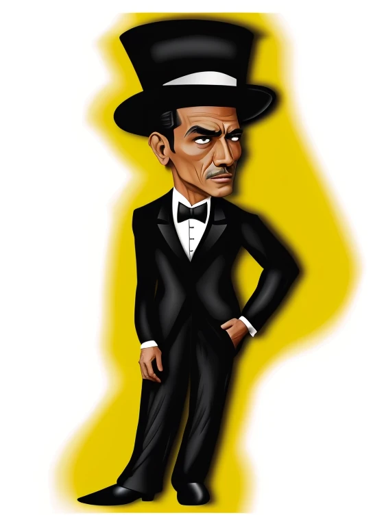 cartom of a man in a tuxedo and top hat, inspirado em George Bogart, he is wearing a top hat, elegante, Pose formal de retrato estilizado, a man in a suit and hat, Direction: Maxwell Bates, gravata preta, stylized digital illustration, Obama, estilo caricatural, design de personagens do mundo do filme noir, conde, tom, vestindo smoking, arte digital de um elegante