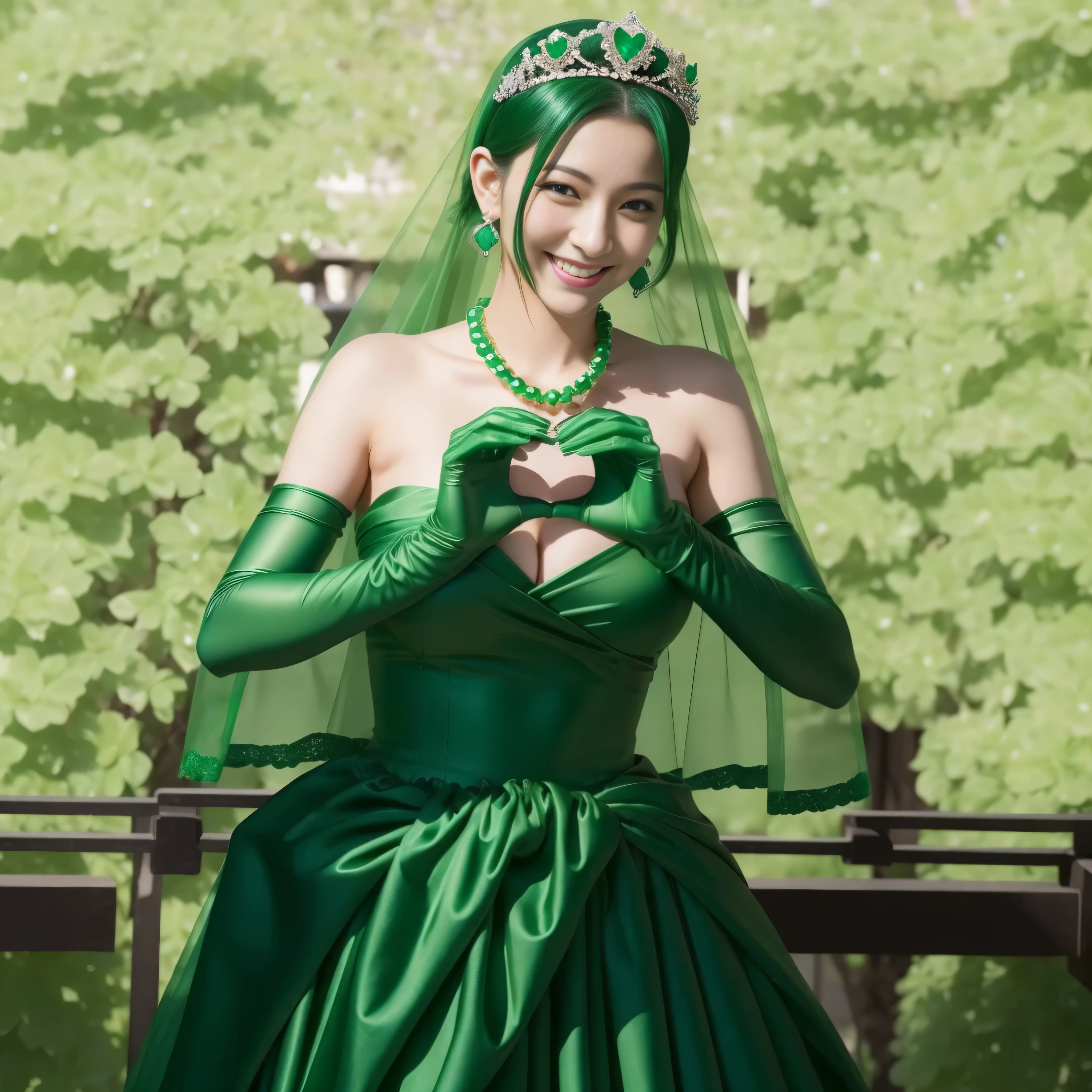 emerald tiara, green pearl necklace, ボーイッシュな非常に短いgreen hair, lipstick, smiling Japanese woman, very short hair,  Beauty with large breasts, green eyes, Long Green Satin Gloves, green eyes, emerald earrings, green veil, heart with both hands, green hair, Beautiful Japan woman in her 30s, heart shaped hand:1.3