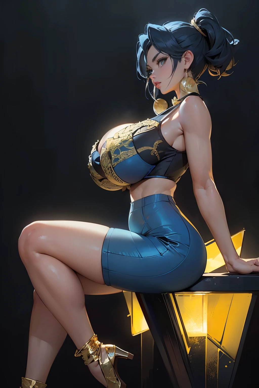 8k ((full body view)) (large eyes:1.3), (Claire), (bladerunner), pokemon, (puffy lips:1.4), defined cheekbones, ((legs spread:1.1)), ((the pit style:1.4))((bra1.6)), tight pants, sash, ((intricate details:1.4))detailed face:1.5), light skin,(puffy lips:1.5) (light skin:1.6), ((darkblue hair)), ((blue, black and gold outfit)), ((sitting pose)),((looking at viewer)), (detailed eyes:1.2), (Muscular:1.3), ((gigantic breasts:1.5)), )highly detailed, ((side view:1.6)), majestic, digital photography, art by artgerm and ruan jia and greg rutkowski, ((jewelry around leg:1.4)), (masterpiece), warm sidelighting, ((black background)), (((blue and gold color palette)))