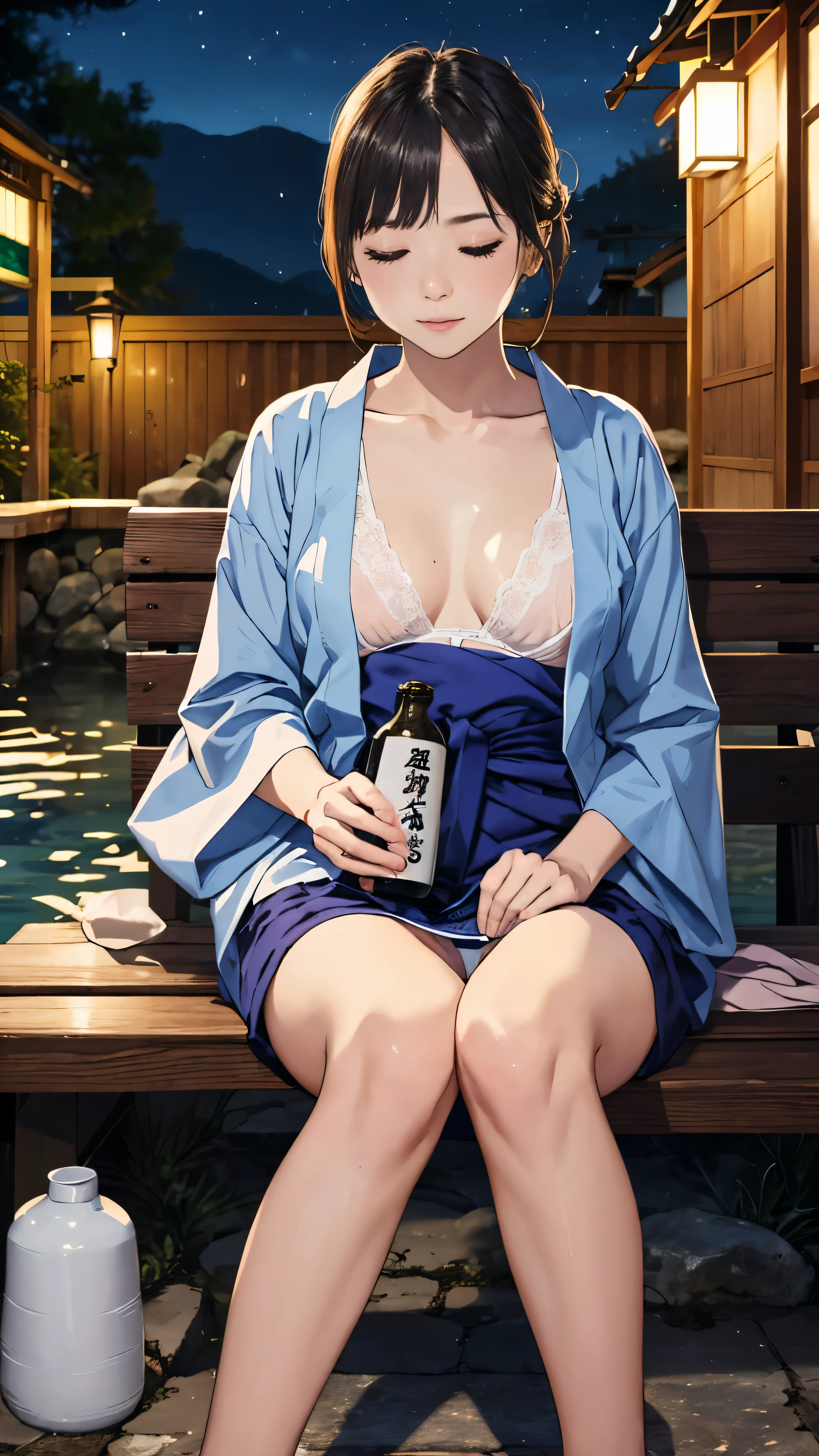 8K, highest quality, （beauty of pubic hair）、High resolution, realistic, real person、Bench in hot spring town at night、I&#39;Iはベンチで酔っていた, I close my eyes and fall asleep.、drunk, Her legs are wide open.、Underwear is visible.、Yukata at a hot spring inn、beautiful feet、high heels、（grasp the sake bottle）