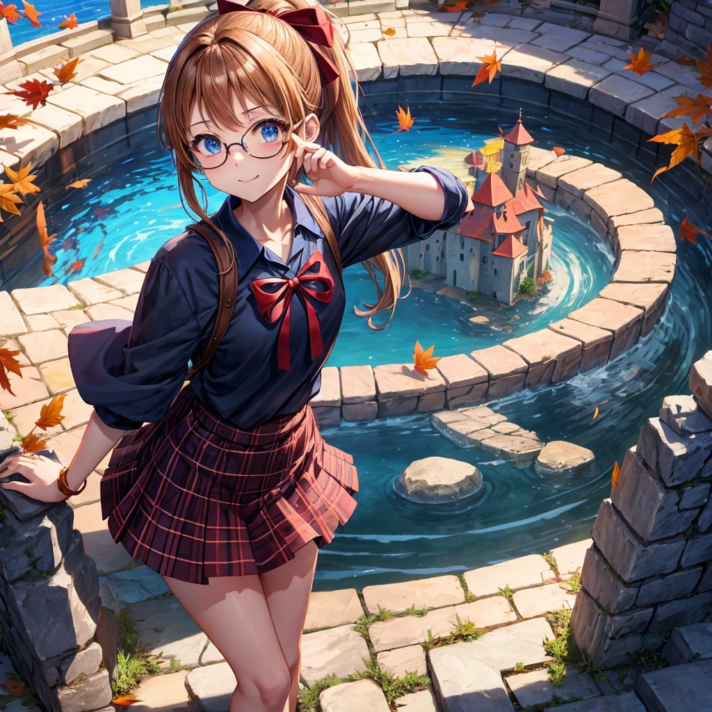 reddish-brown blonde、blue hair、blue eyes、ponytail、Braid、one good looking girl、solo、anime、Plaid miniskirt、camisole、black t-shirt、Tilting your face、Doing the ribbon、Ribbon at waist、sunset sky、stone stairs、tunnel、Fallen leaves、wearing glasses、Light and shadow、maze、monster castle、lanthanum、corridor、One leg is raised、pinwheel、castle floating in the air、column