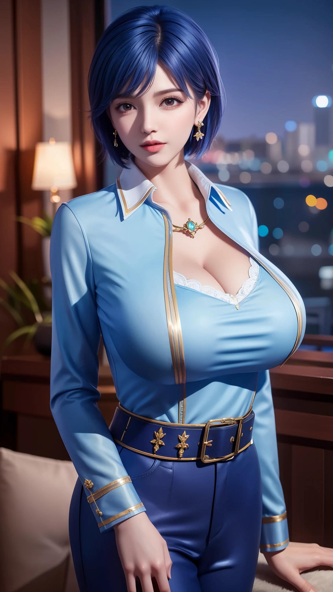1 girl, adult, city View, night, view viewer, short hair, belt,blue shirt,jewelry, earrings, , long sleeves, collar,Pants, manicured,huge boobs,Show breasts,exposing her chest,huge ,huge breasts,Show breasts,exposing her chest,Show breasts,