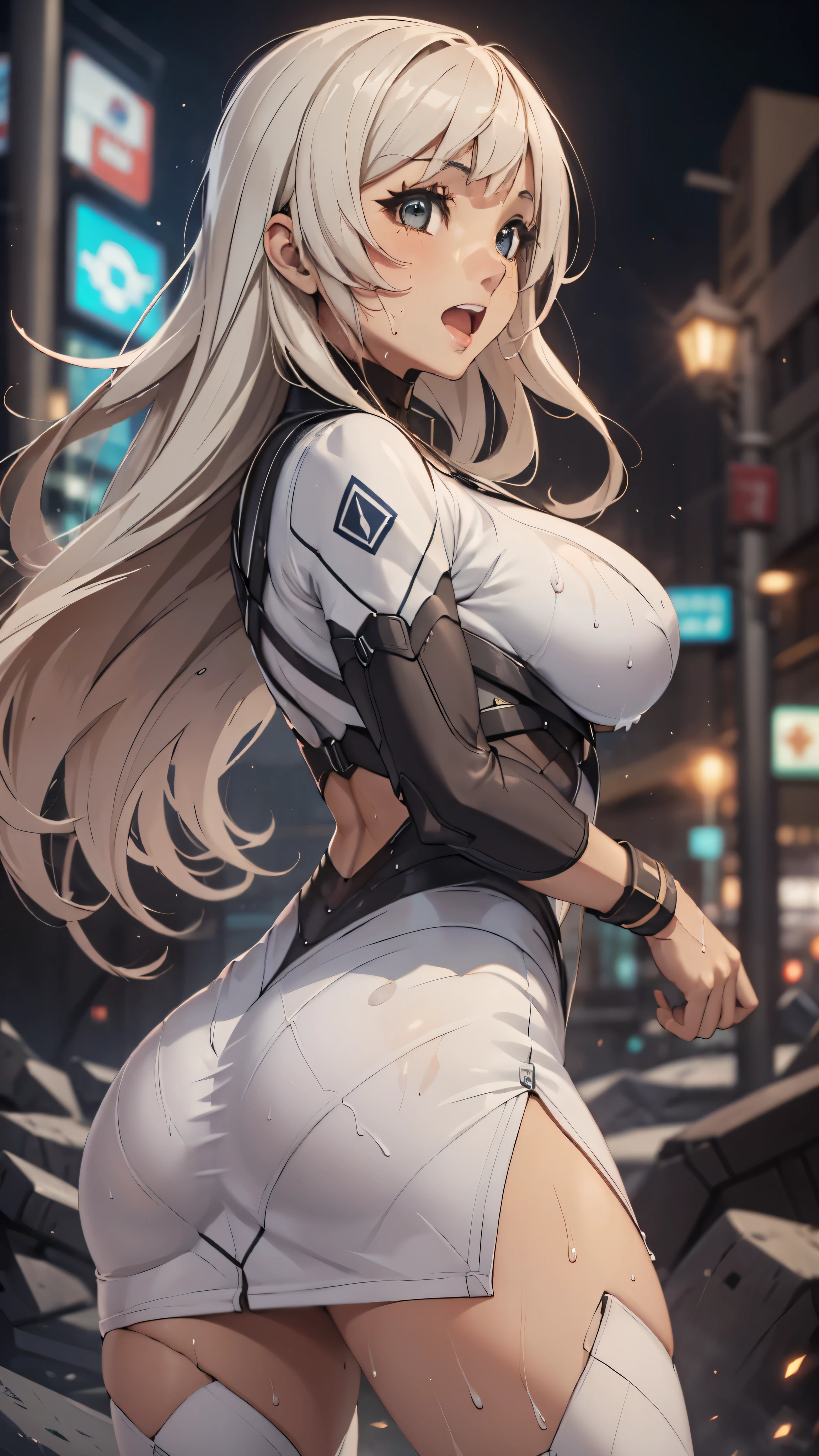 woman,20-year-old,,city,night,((white tight miniskirt bodysuit)),(Harada Makoto),open mouth smile,(((See-through))),((blonde)),long hair,((wet with sweat))look back