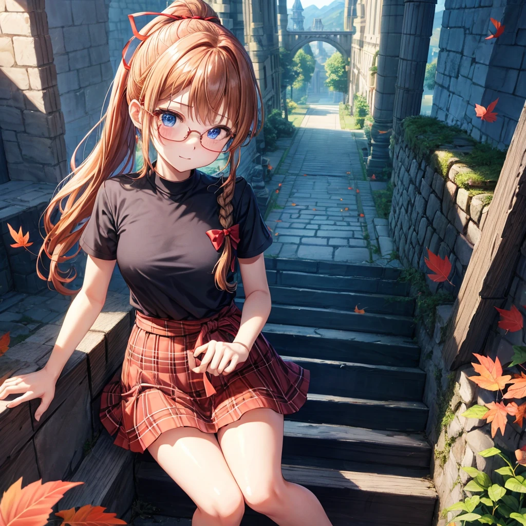 reddish-brown blonde、blue hair、blue eyes、ponytail、Braid、one good looking girl、solo、anime、Plaid miniskirt、camisole、black t-shirt、Tilting your face、Doing the ribbon、Ribbon at waist、sunset sky、stone stairs、tunnel、Fallen leaves、wearing glasses、Light and shadow、maze、monster castle、lanthanum、corridor、One leg is raised、pinwheel、castle floating in the air、column