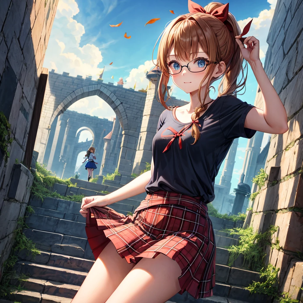 reddish-brown blonde、blue hair、blue eyes、ponytail、Braid、one good looking girl、solo、anime、Plaid miniskirt、camisole、black t-shirt、Tilting your face、Doing the ribbon、Ribbon at waist、sunset sky、stone stairs、tunnel、Fallen leaves、wearing glasses、Light and shadow、maze、monster castle、lanthanum、corridor、One leg is raised、pinwheel、castle floating in the air、column