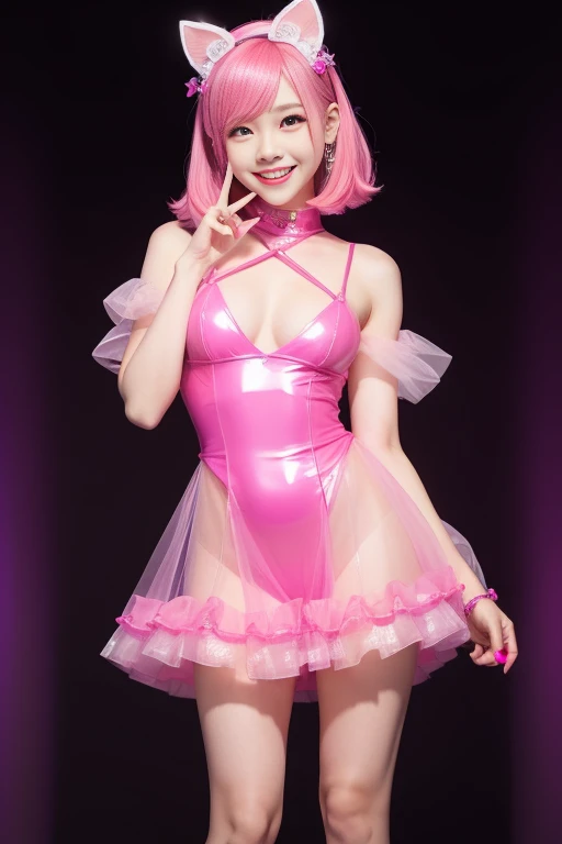 female idol、smiling face、full body Esbian、sheer latex dress(neon pink)、Colorful hair、