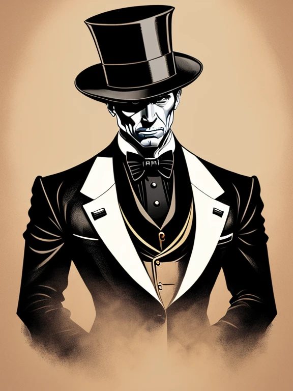 cartom of a man in a tuxedo and top hat, inspirado em George Bogart, he is wearing a top hat, elegante, Pose formal de retrato estilizado, a man in a suit and hat, Direction: Maxwell Bates, gravata preta, stylized digital illustration, Obama, estilo caricatural, design de personagens do mundo do filme noir, conde, tom, vestindo smoking, arte digital de um elegante