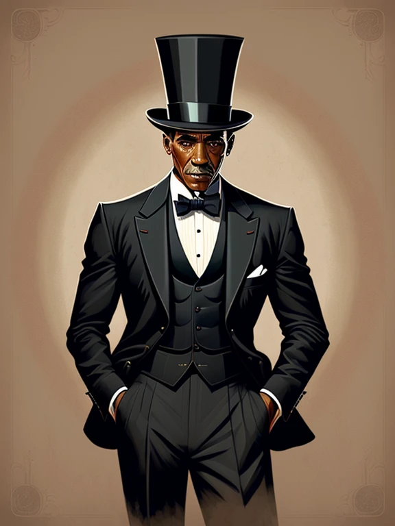 cartom of a man in a tuxedo and top hat, inspirado em George Bogart, he is wearing a top hat, elegante, Pose formal de retrato estilizado, a man in a suit and hat, Direction: Maxwell Bates, gravata preta, stylized digital illustration, Obama, estilo caricatural, design de personagens do mundo do filme noir, conde, tom, vestindo smoking, arte digital de um elegante