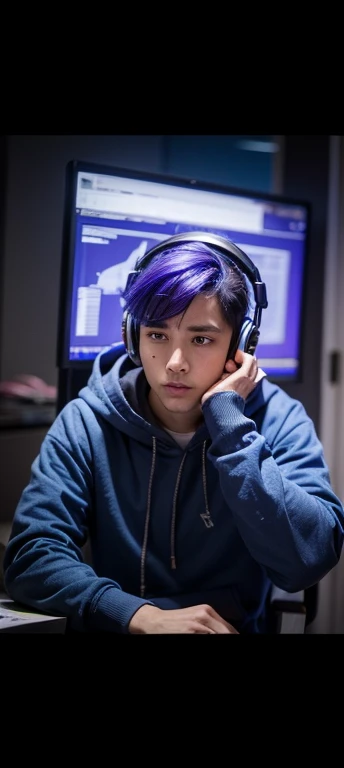 boy. purple and blue hair. Blue hoodie. Black pants. Headphones. Anxious. Shy.