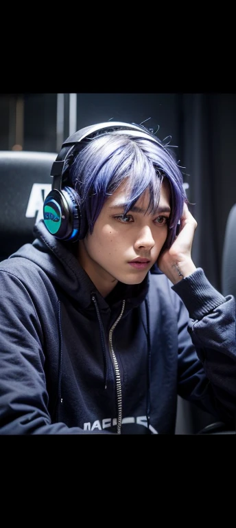boy. purple and blue hair. Blue hoodie. Black pants. Headphones. Anxious. Shy.