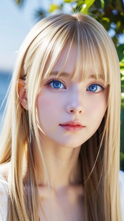 A very beautiful girl with shining bright blonde hair、Very beautiful, bright, bright light blue eyes、very big eyes、Beautiful white and shining skin, 3 up, Unparalleled Beauty, Bright, refreshing and gentle expression, Perfect beautiful cute face shining baby blonde silk super long straight hair, Beautiful shiny bangs, A very beautiful and beautiful 17 year old girl, eyeliner, Very perfect and beautiful cute big clear sky blue eyes