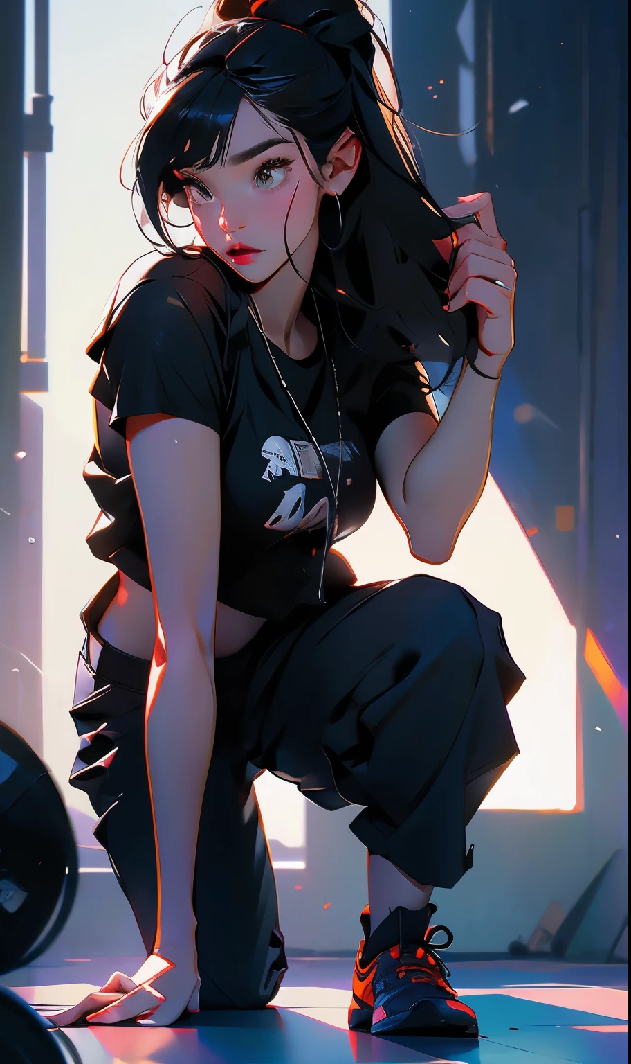 A fierce (female agent )1.2 in a kneeling position, wearing (black cargo pants)1.4, (black tank top)1.2, (obscured face)1.3, analog style nofilter selfie, posing in an (indoor training area)1.2, (backlit)1.2, (film grain)1.2, cinematic movie still frame, black sneakers with white soles, various equipment in the background.