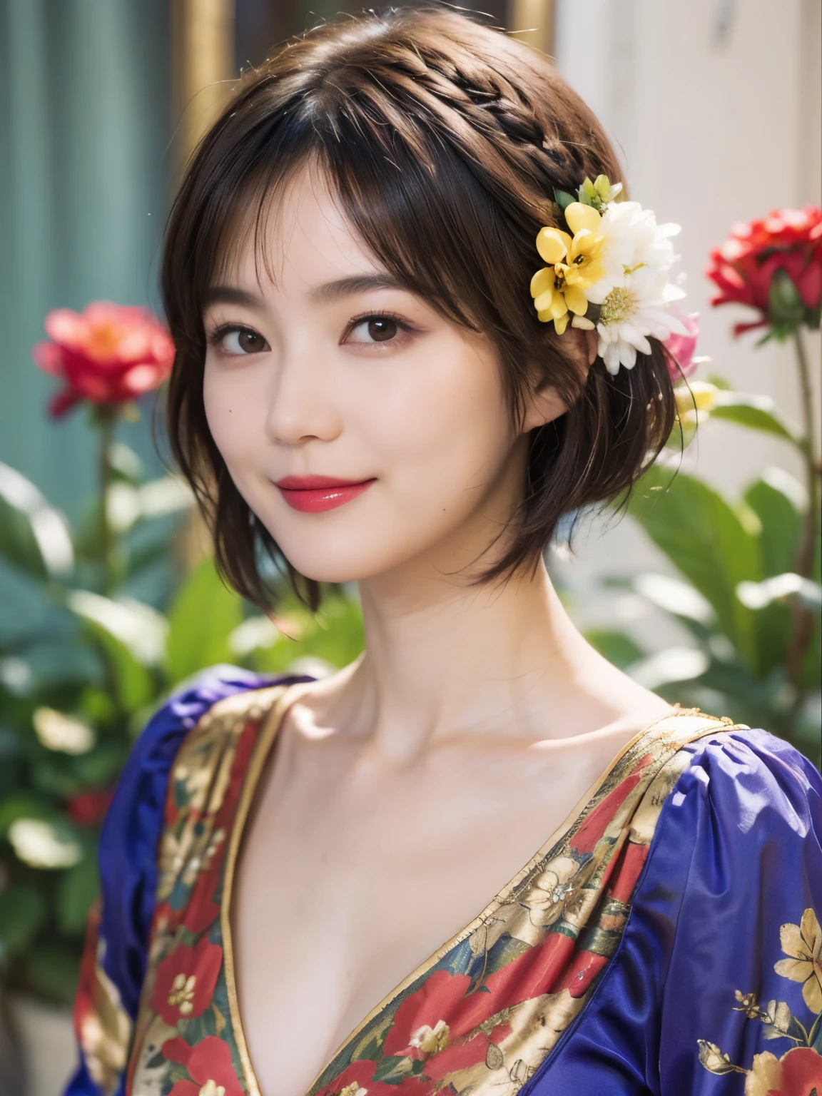 148
(20 year old woman,Floral costume), (surreal), (High resolution), ((beautiful hairstyle 46)), ((short hair:1.46)), (gentle smile), (breasted:1.1), (lipstick)