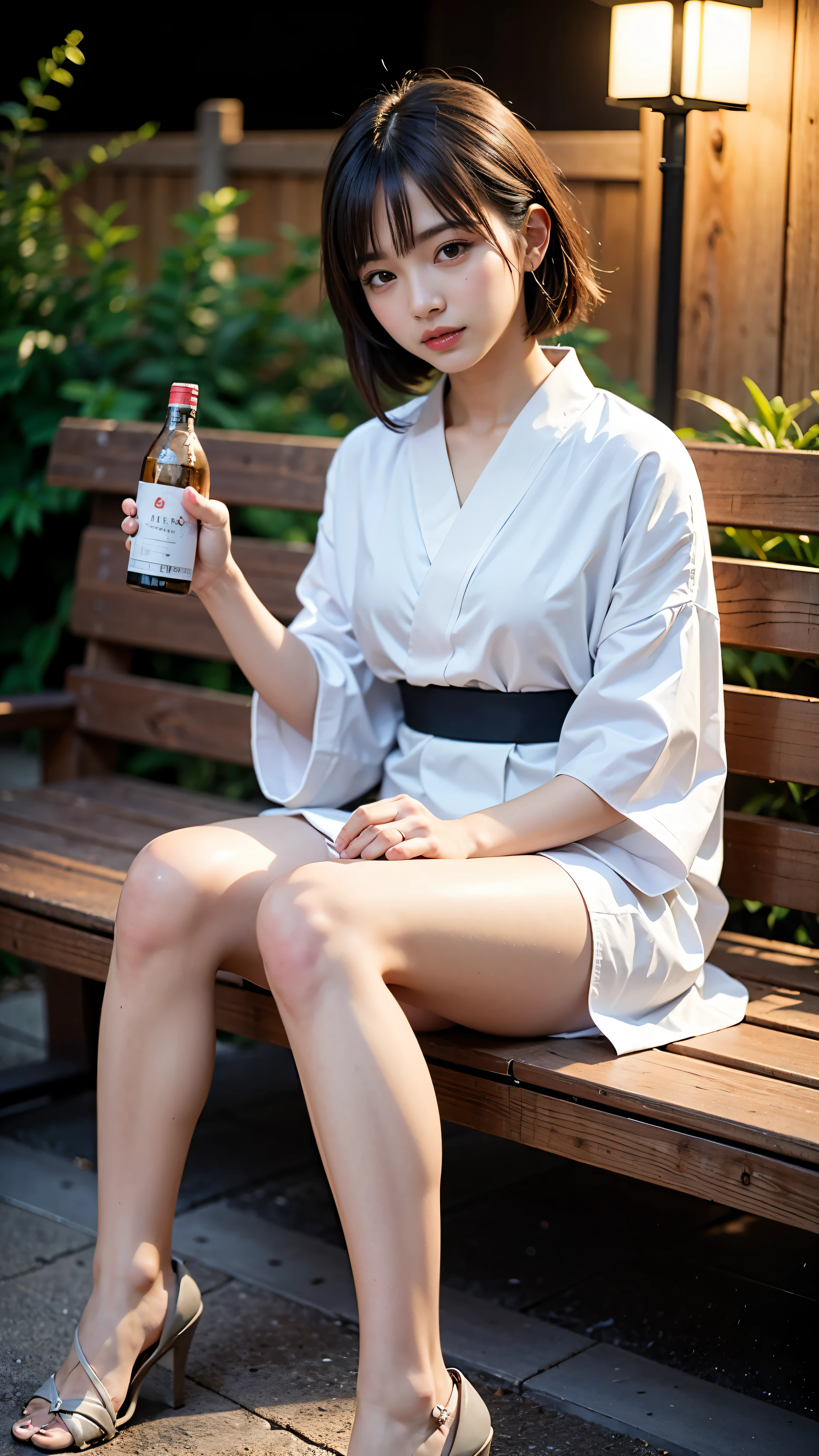 8K, highest quality, （beauty of pubic hair）、High resolution, realistic, real person、Bench in hot spring town at night、I&#39;Iはベンチで酔っていた, I close my eyes and fall asleep.、drunk, Her legs are wide open.、Underwear is visible.、Yukata at a hot spring inn、beautiful feet、high heels、（grasp the sake bottle）