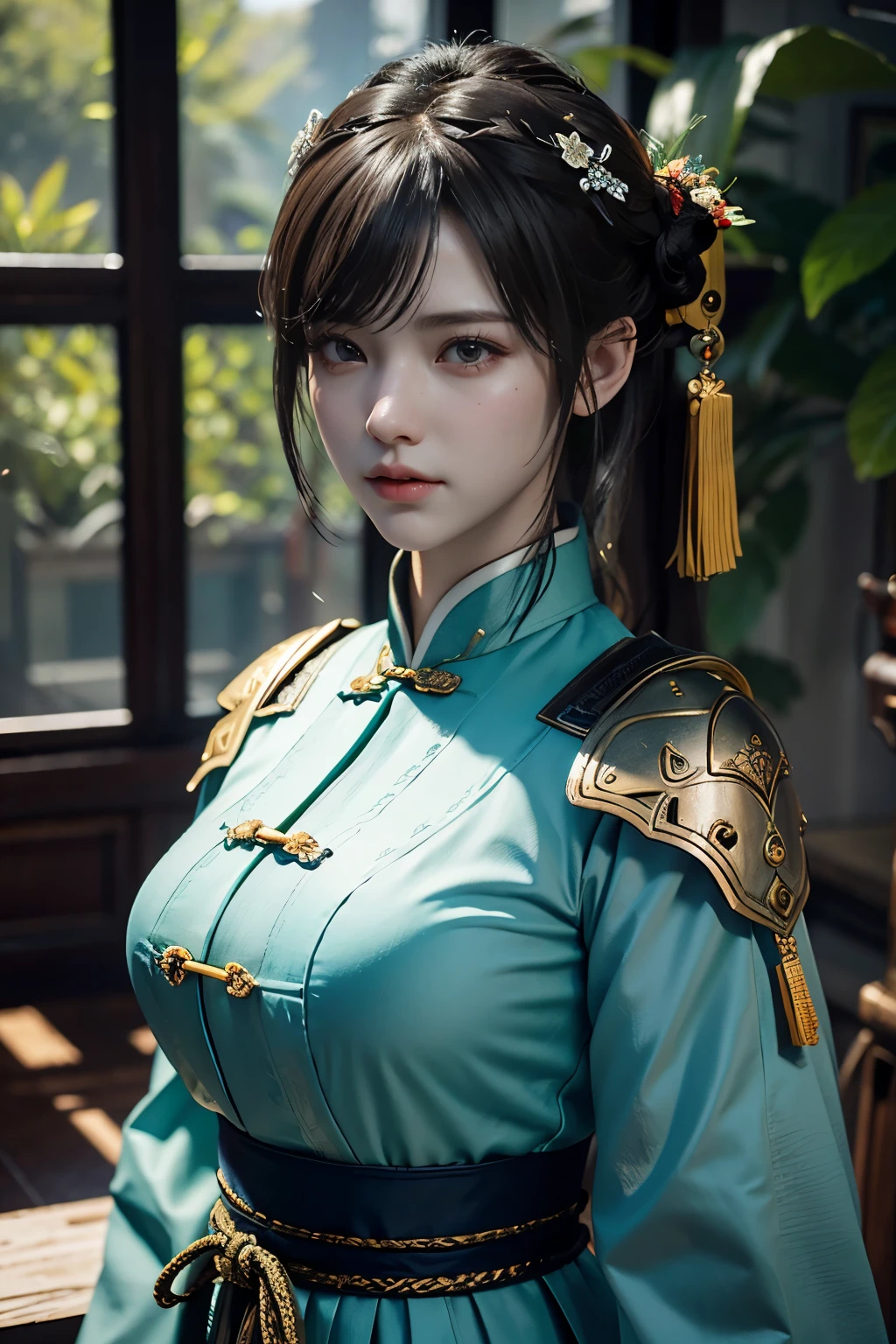 Game art,The best picture quality,Highest resolution,8K,(A bust photograph),(Portrait),(Head close-up),(Rule of thirds),Unreal Engine 5 rendering works, (The Girl of the Future),(Female Warrior),
20岁少女,(The warrior in ancient China),An eye rich in detail,(Big breasts),优雅高贵,冷漠,(Brave),
(Costumes of ancient Chinese characters,A random pattern of clothing,Ribbon,Joint Armor,Rich dress details,)中国人物,奇幻风格,
拍照姿势,野外背景,Movie lights,Ray tracing,Game CG,((3D Unreal Engine)),oc渲染反射纹