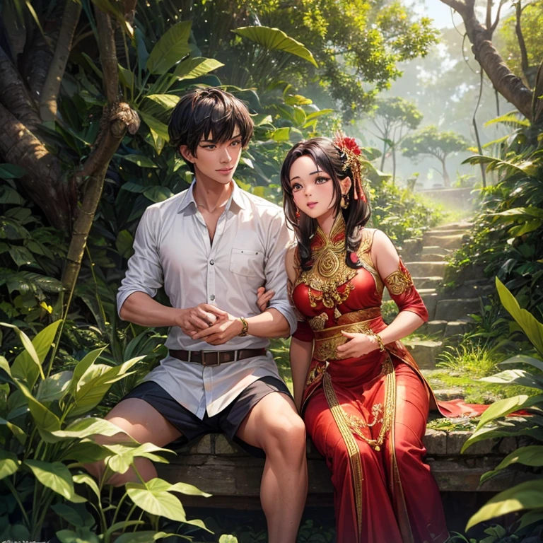 a handsome man and a beautiful woman with Javanese traditions in a small village in the forest