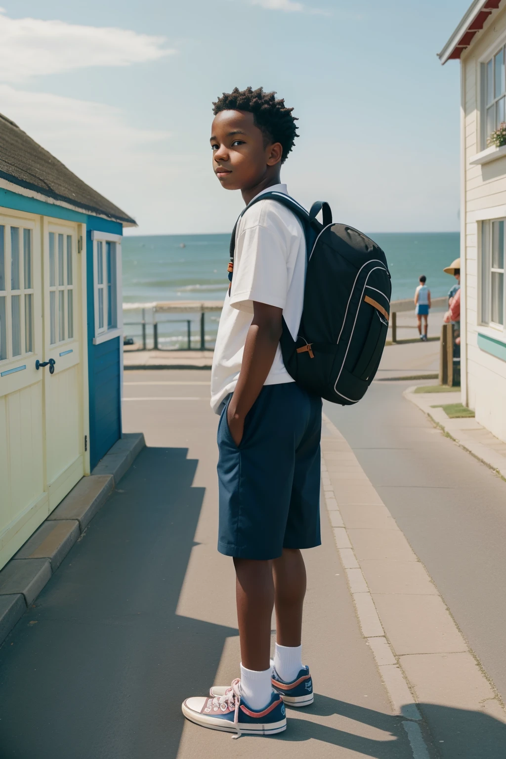 Along the picturesque promenade of a coastal English village in the 2000s, a -year-oldck bowith a backpack and sneakers, skillfully maneuvers a vintage skateboard, weaving between quaint shops and seaside stalls, capturing the essence of carefree coastal adventures.