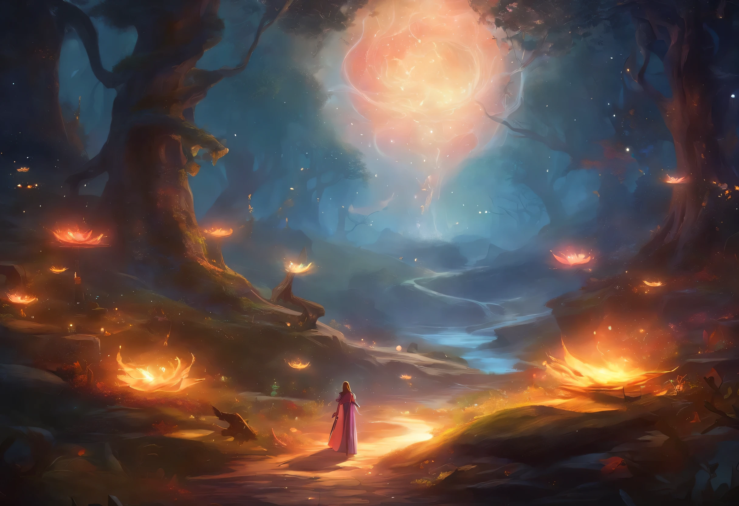 （（shot from a far distance）），（Shadow elf decorated with streamers and fireflies），（（Bonfires and shining ores on dark nights&Wind blowing effect&floating flames）），（girl），（soft light lighting），official art，（wallpaper design）