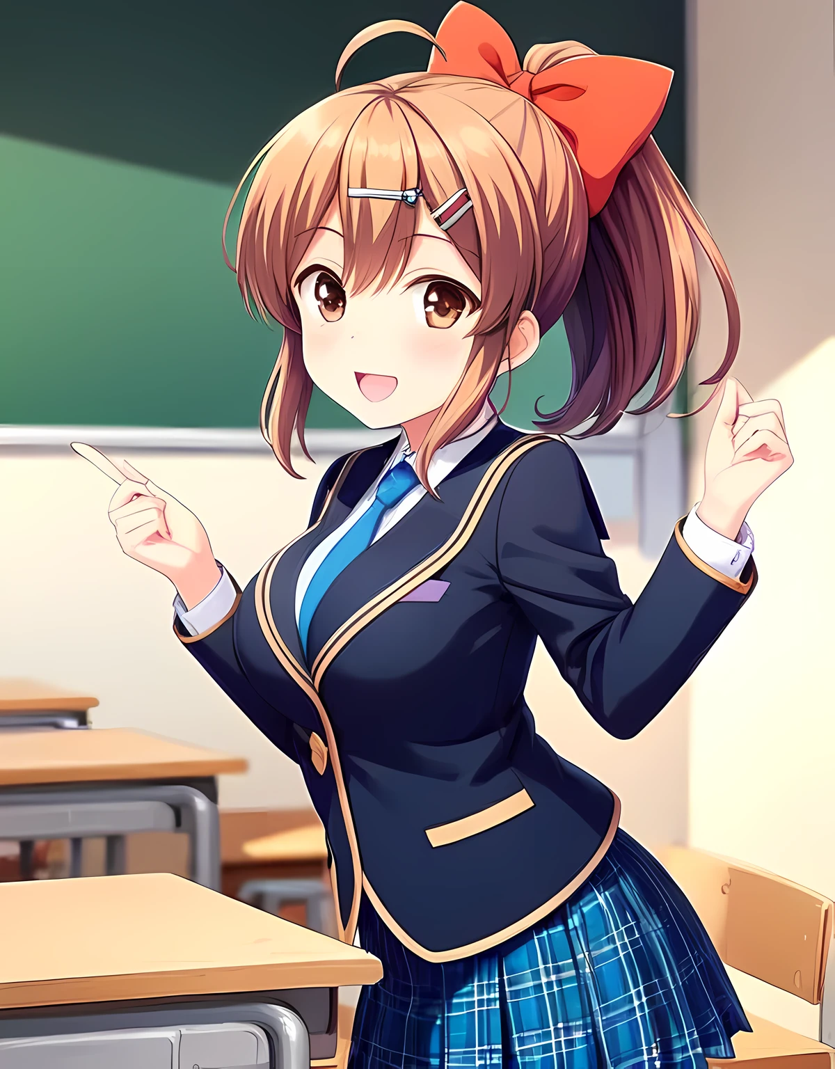 (masterpiece), ultra high resolution anime illustrations, perfect lighting, (perfect accurate anatomy:1.2), (nice hands, perfect hands), (kawaii:1.55), (detailed shiny big eyes:1.35), detailed background BREAK Sakurai Akane, GirlFriend BETA, orange eyes, brown hair, ahoge, hair bow, hair ornament, hair ribbon, hairclip, ponytail, (large breasts:1.0), BREAK school uniform, blazer, blue necktie, blue skirt, plaid skirt, BREAK, 1girl, smile, school classroom
