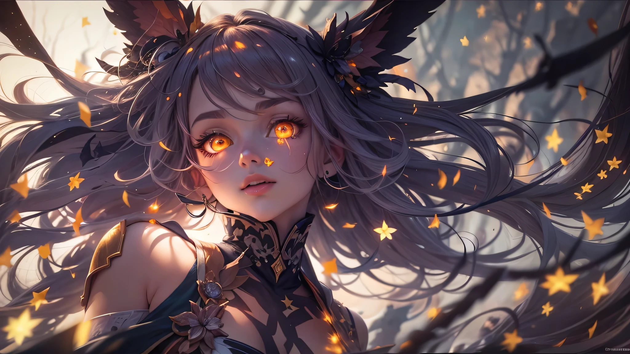 （（shot from a far distance）），（Shadow elf decorated with streamers and fireflies），（（Bonfires and shining ores on dark nights&Wind blowing effect&floating flames）），（girl），（soft light lighting），official art，（wallpaper design）