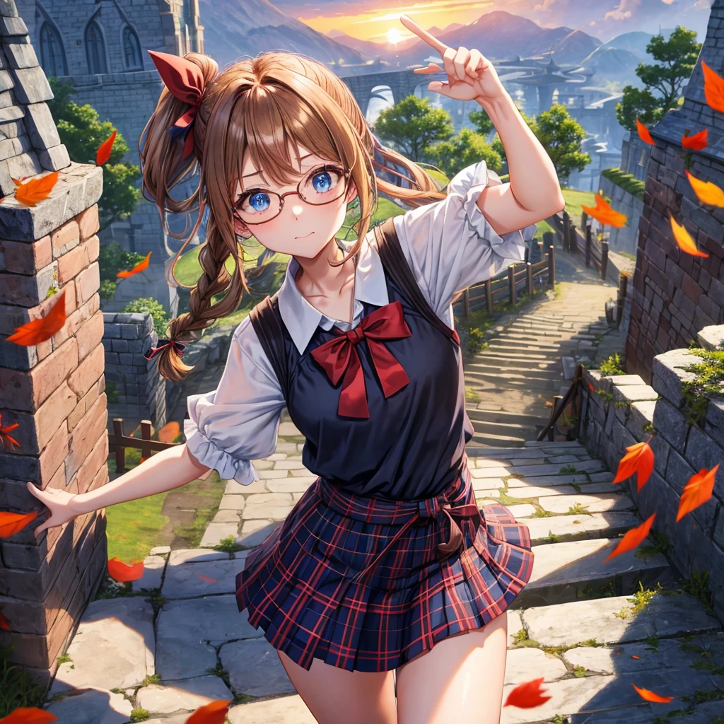 reddish-brown blonde、blue hair、blue eyes、ponytail、Braid、one good looking girl、solo、anime、Plaid miniskirt、camisole、black t-shirt、Tilting your face、Doing the ribbon、Ribbon at waist、sunset sky、stone stairs、tunnel、Fallen leaves、wearing glasses、Light and shadow、maze、monster castle、lanthanum、corridor、One leg is raised、pinwheel、castle floating in the air、7 cylinders