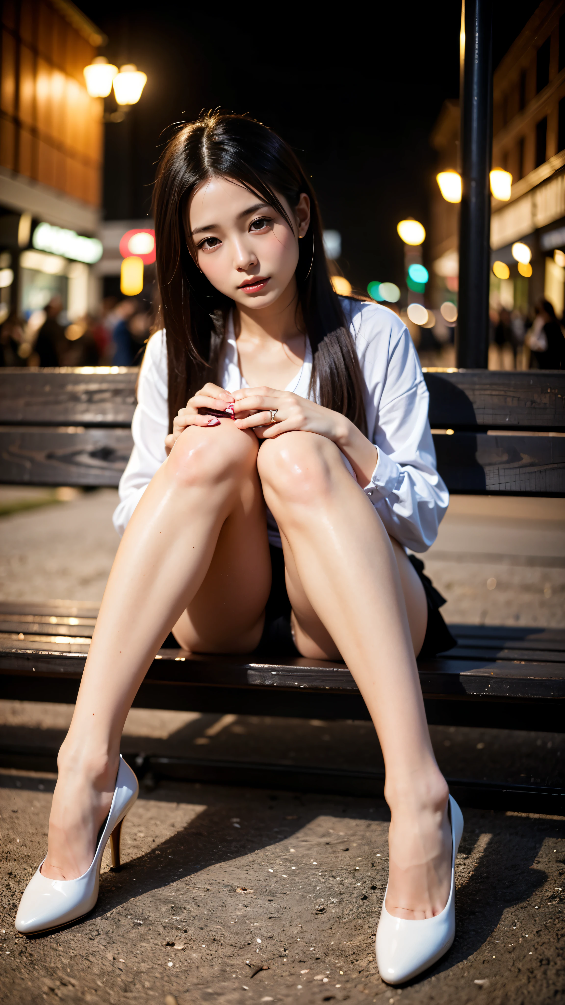 8K, highest quality, (beauty of pubic hair)、High resolution, realistic, real person、A park bench at night with dazzling neon lights、(I'Iはベンチで酔っていた, I close my eyes and fall asleep.)、(drunk, Her legs are wide open.、Underwear is visible.)、(I'Iは椅子から転げ落ちそうになる)、micro mini skirt、beautiful feet、high heels、(grasp the sake bottle)