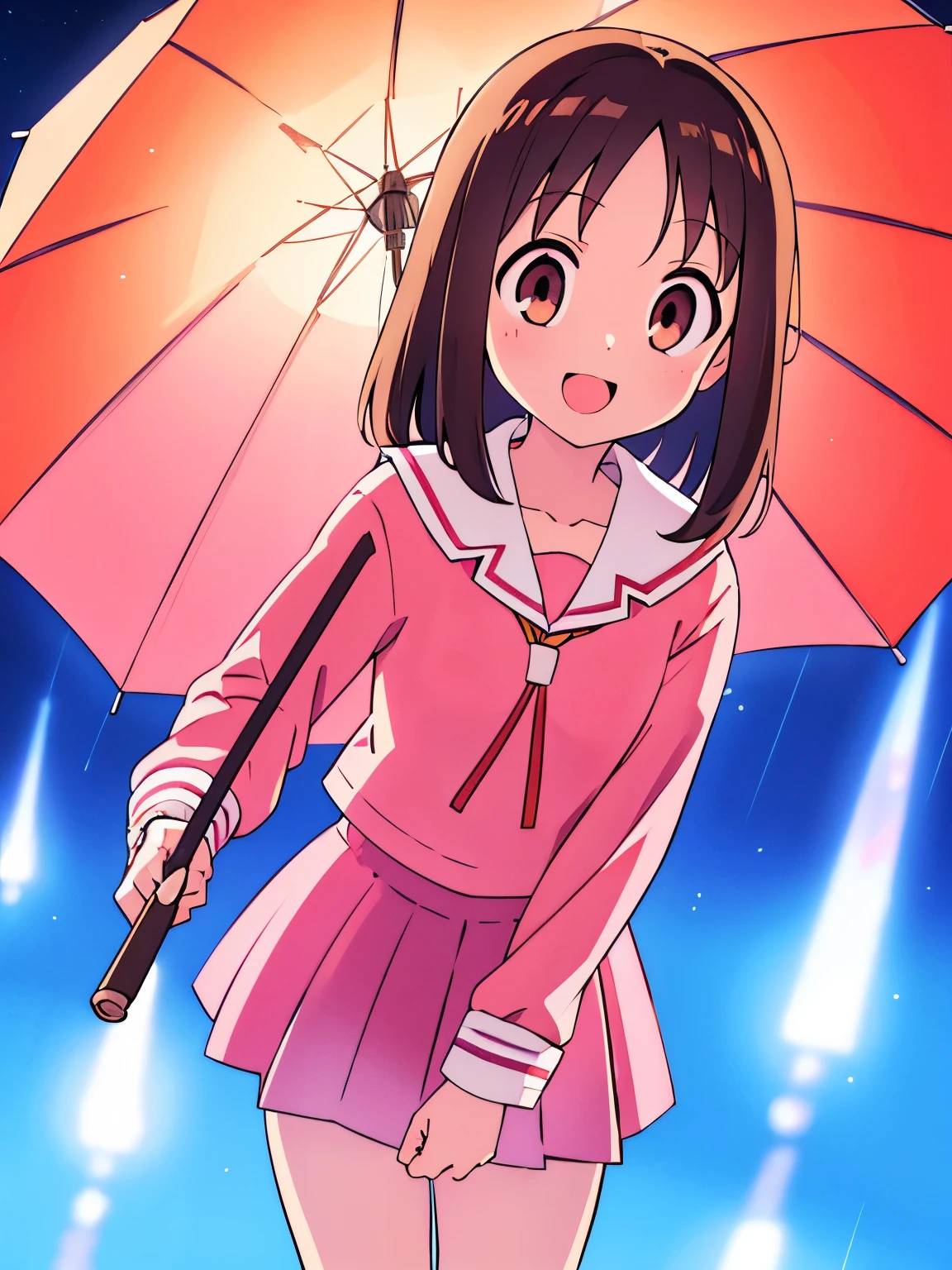 (masterpiece, best quality:1.2),illustration,8k,hd,1girl,solo,cowboy shot, (((masterpiece))),(((best quality))),(((extremely detailed))), illustration, 1girl, azumanga daioh, kasuga ayumu, osaka chan, azumanga daioh's , sailor collar, , serafuku, smile, pink serafuku, open mouth solo, vivid color, shiny, (brown hair),(brown eyes), full body, barefoot, volumetric lighting, multi-color eyes, detailed eyes, hyper detailed, light smile, highly detailed, beautiful, small details, ultra detailed, best quality, intricate, 4k, 8k, trending on artstation, good anatomy, beautiful lighting, award-winning, small breasts, female focus, classroom, backlight, white umbrella, holding umbrella