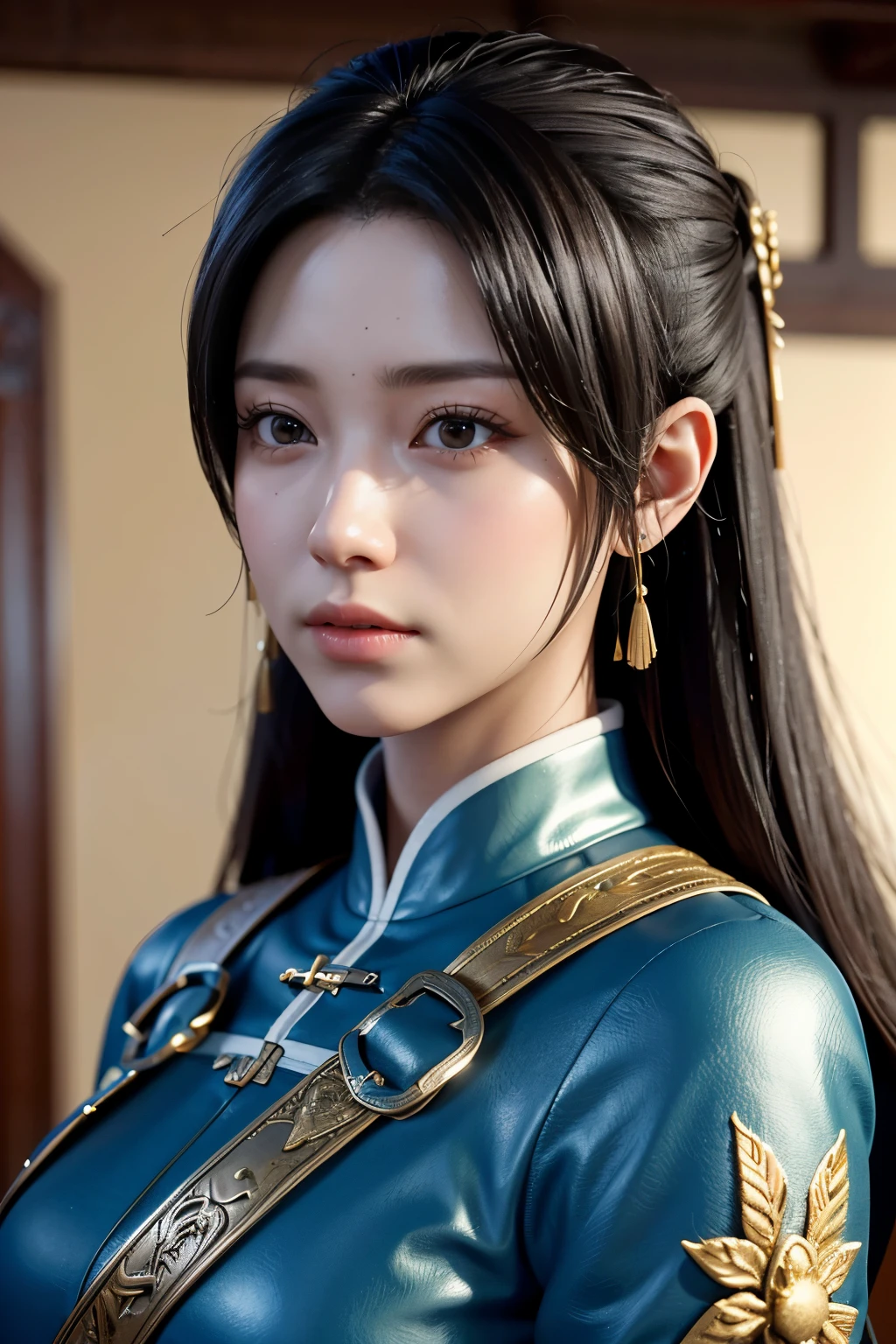 Game art，The best picture quality，Highest resolution，8K，(A bust photograph)，(Portrait)，(Head close-up)，(Rule of thirds)，Unreal Engine 5 rendering works， (The Girl of the Future)，(Female Warrior)， 
20岁少女，(Female warriors in ancient China)，An eye rich in detail，(Big breasts)，优雅高贵，冷漠，(Brave)，
中国的人物，奇幻风格，
拍照姿势，野外背景，Movie lights，Ray tracing，Game CG，((3D Unreal Engine))，oc渲染反射纹