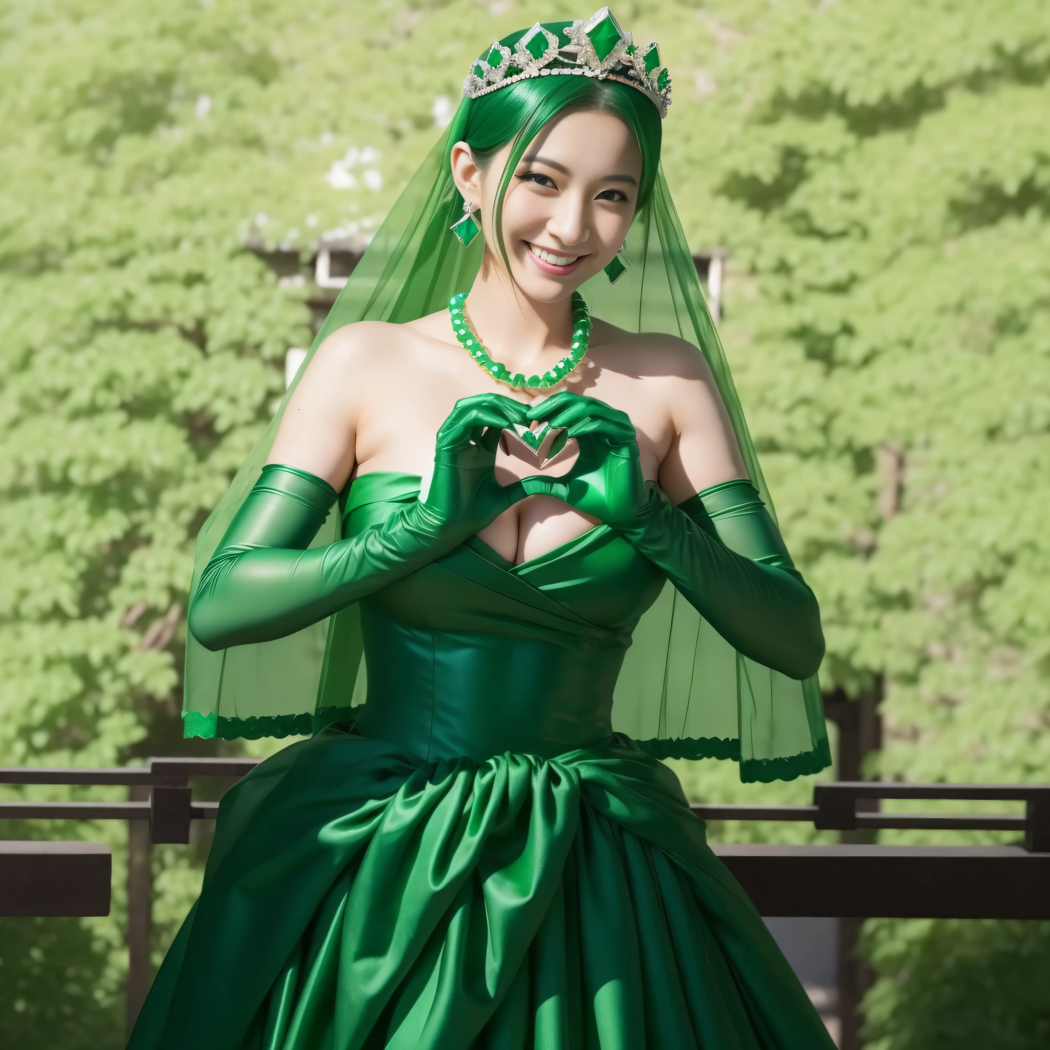 emerald tiara, green pearl necklace, ボーイッシュな非常に短いgreen hair, lipstick, smiling Japanese woman, very short hair,  Beauty with large breasts, green eyes, Long Green Satin Gloves, green eyes, emerald earrings, green veil, heart with both hands, green hair, Beautiful Japan woman in her 30s, heart shaped hand:1.3