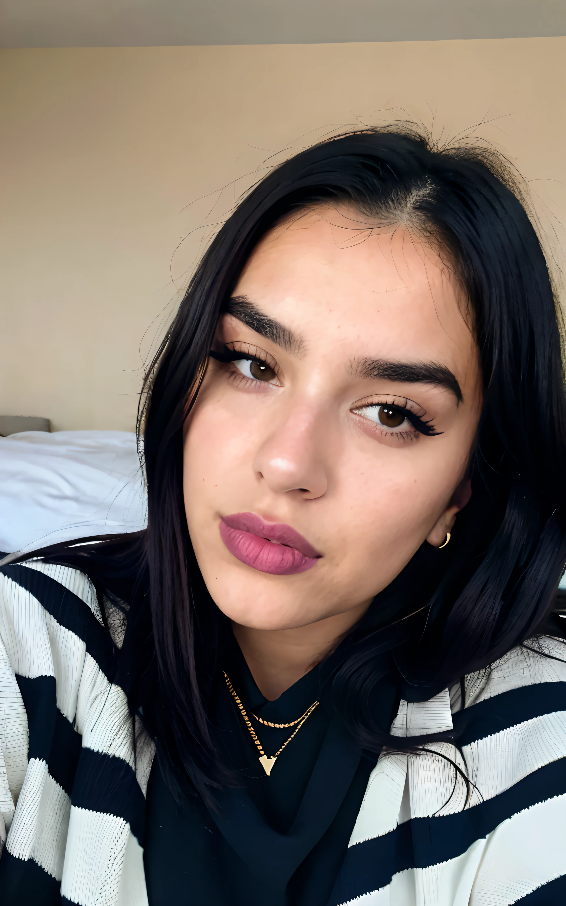 photorealistic, sharp focus, raw photo, amateur photo, beautiful chubby 26 y.o latina-spanish girl, face like Dua Lipa, stylish goth make up, take a selfie, fat instagram model , long black hair, bedroom background, oversized sweater, detailed skin pores & face texture, pores, (goosebumbs:0.7), dynamic pose, looking at viewer, face focus, taken with mobile cam, film grain