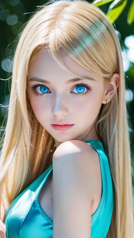 A very beautiful girl with shining bright blonde hair、Very beautiful, bright, bright light blue eyes、very big eyes、Beautiful white and shining skin, 3 up, Unparalleled Beauty, Bright, refreshing and gentle expression, Perfect beautiful cute face shining baby blonde silk super long straight hair, Beautiful shiny bangs, A very beautiful and beautiful 17 year old girl, eyeliner, very perfect and beautiful cute big bright light blue eyes