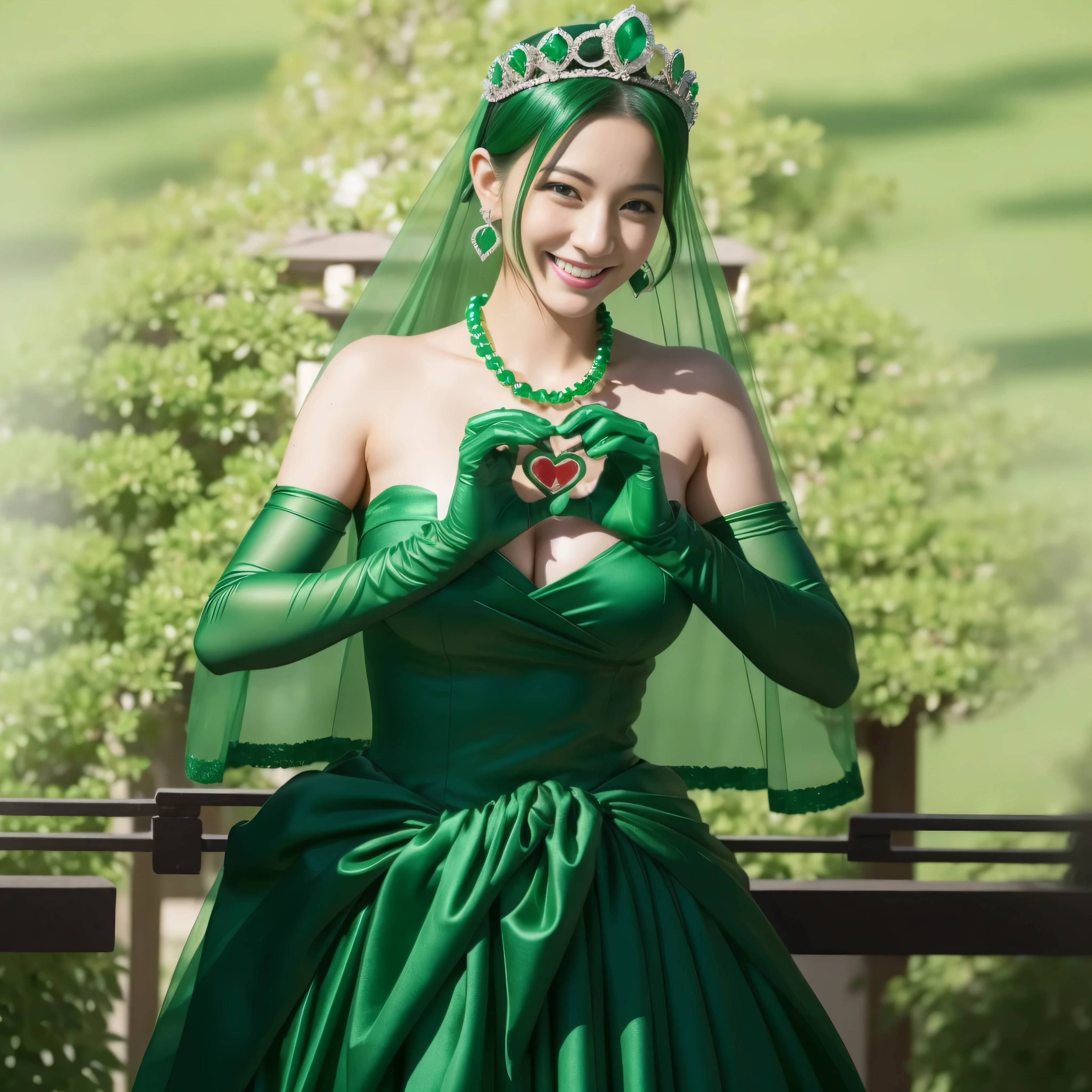 emerald tiara, green pearl necklace, ボーイッシュな非常に短いgreen hair, lipstick, smiling Japanese woman, very short hair, Beauty with large breasts, green eyes, Long Green Satin Gloves, green eyes, emerald earrings, green veil, heart with both hands, green hair, Beautiful Japan woman in her 30s, heart shaped hand:1.3