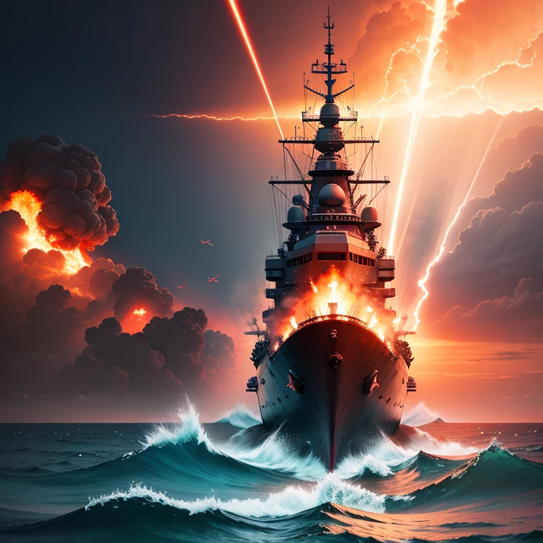 Ocean,exploding battleship,sinking battleship,inflammation,red burning sky