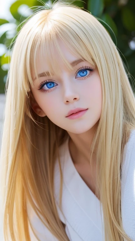 A very beautiful girl with shining bright blonde hair、Very beautiful, bright, bright light blue eyes、very big eyes、Beautiful white and shining skin, 3 up, Unparalleled Beauty, Bright, refreshing and gentle expression, Perfect beautiful cute face shining baby blonde silk super long straight hair, Beautiful shiny bangs, A very beautiful and beautiful 17 year old girl, eyeliner, very perfect and beautiful cute big bright light blue eyes