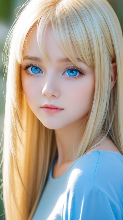 A very beautiful girl with shining bright blonde hair、Very beautiful, bright, bright light blue eyes、very big eyes、Beautiful white and shining skin, 3 up, Unparalleled Beauty, Bright, refreshing and gentle expression, Perfect beautiful cute face shining baby blonde silk super long straight hair, Beautiful shiny bangs, A very beautiful and beautiful 17 year old girl, eyeliner, very perfect and beautiful cute big bright light blue eyes