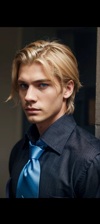 Man. Blonde medium lenth hair and blue eyes. black button up shirt with blue tie. 