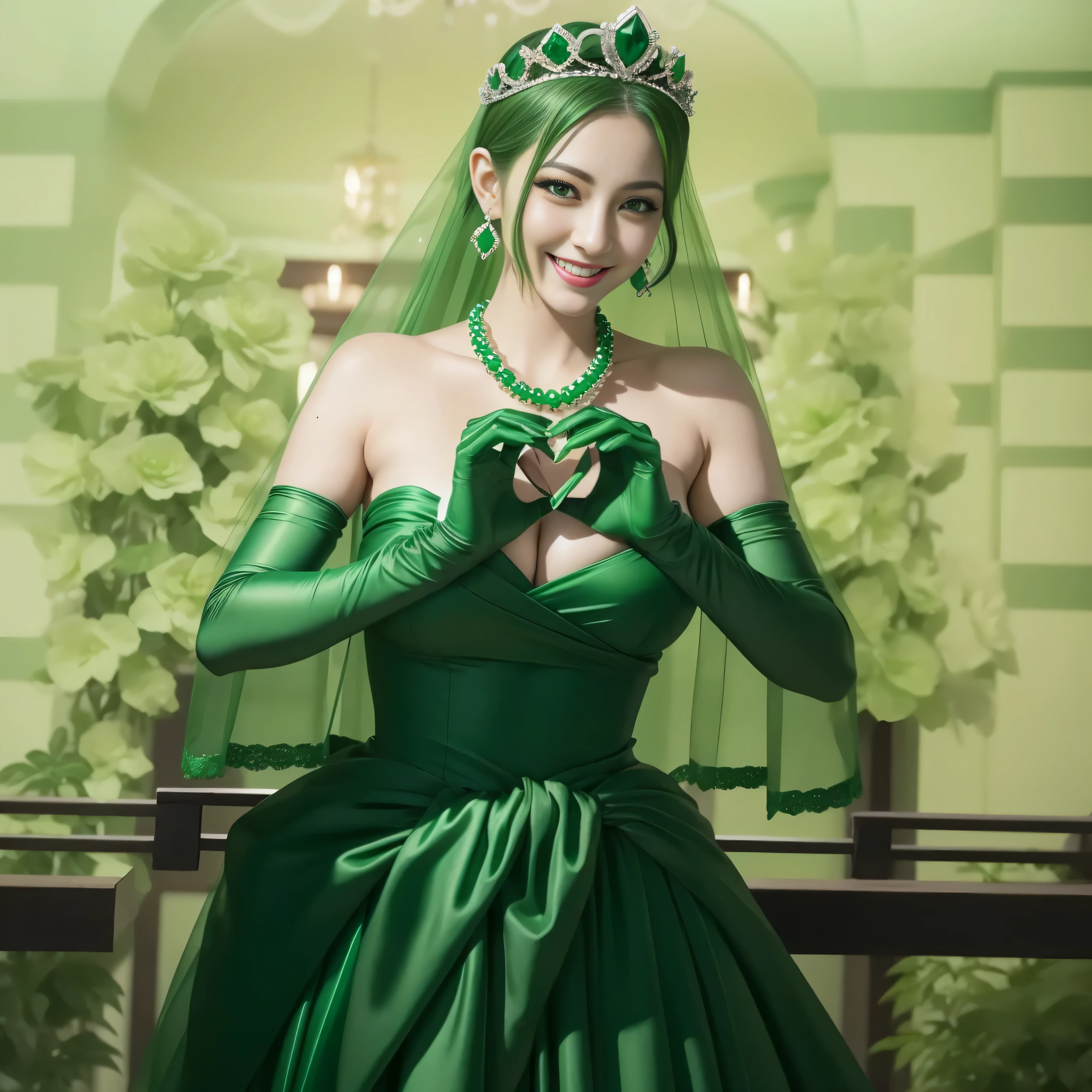 emerald tiara, green pearl necklace, ボーイッシュな非常に短いgreen hair, lipstick, smiling Japanese woman, very short hair, big breasts beautiful, green eyes, Long Green Satin Gloves, green eyes, emerald earrings, green veil, 両Heart in the hand, Heart in the hand, green hair