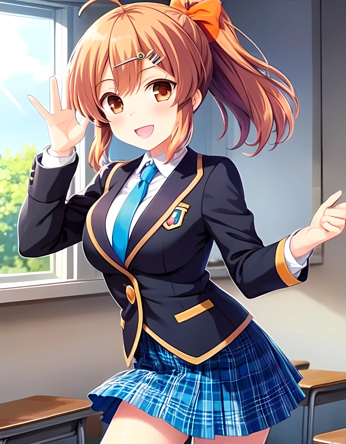 (masterpiece), ultra high resolution anime illustrations, perfect lighting, (perfect accurate anatomy:1.2), (nice hands, perfect hands), (kawaii:1.55), (detailed shiny big eyes:1.35), detailed background BREAK Sakurai Akane, GirlFriend BETA, orange eyes, brown hair, ahoge, hair bow, hair ornament, hair ribbon, hairclip, ponytail, (large breasts:1.0), BREAK school uniform, blazer, blue necktie, blue skirt, plaid skirt, BREAK, 1girl, smile, school classroom