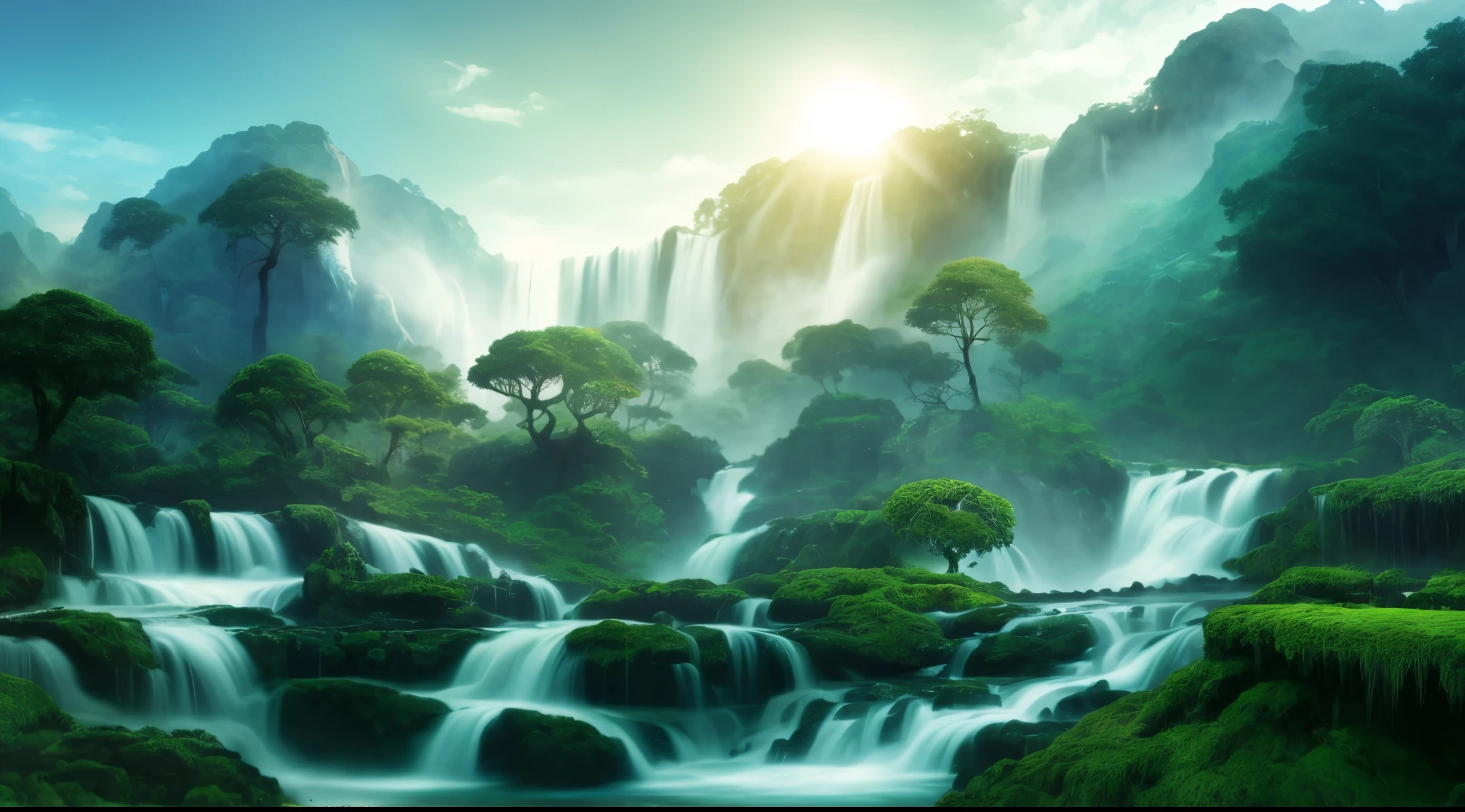 View of Arafitte Falls,There is a tree in the middle, 4k hd matte digital painting, Nature wallpaper, beautiful mattepainting, beautiful landscape rendering, avatar landscape, 4 k matte painting, high quality matte painting, Majestic nature, matte painting scenery, dreamy matte painting, forest and waterfall, with trees and waterfalls, Fantasy art landscape