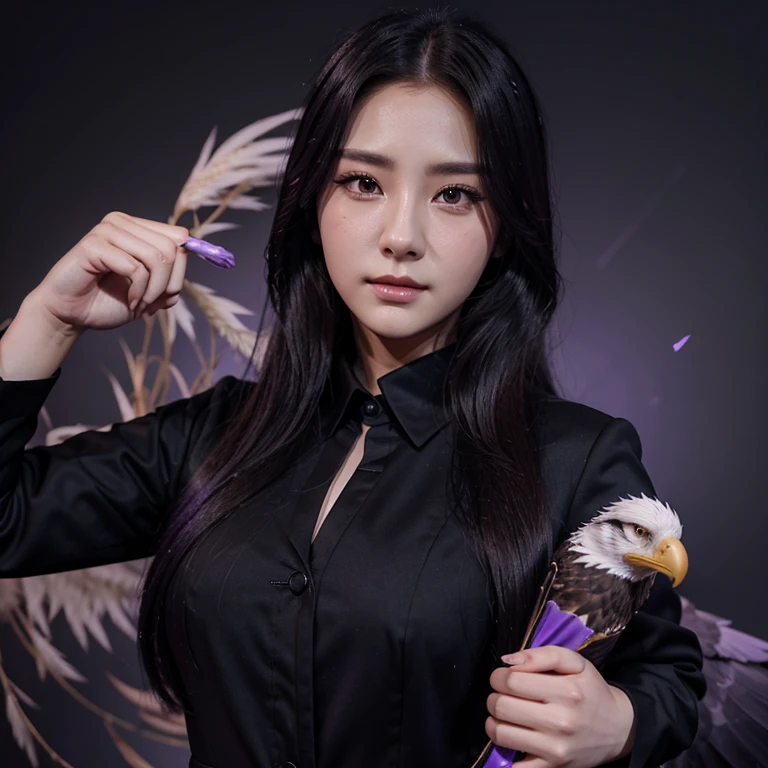 manhwa 3d Jeon Heejin with a Beautiful face, sexy face, smirk, wearing black suit, holding an eagle with an epic purple background